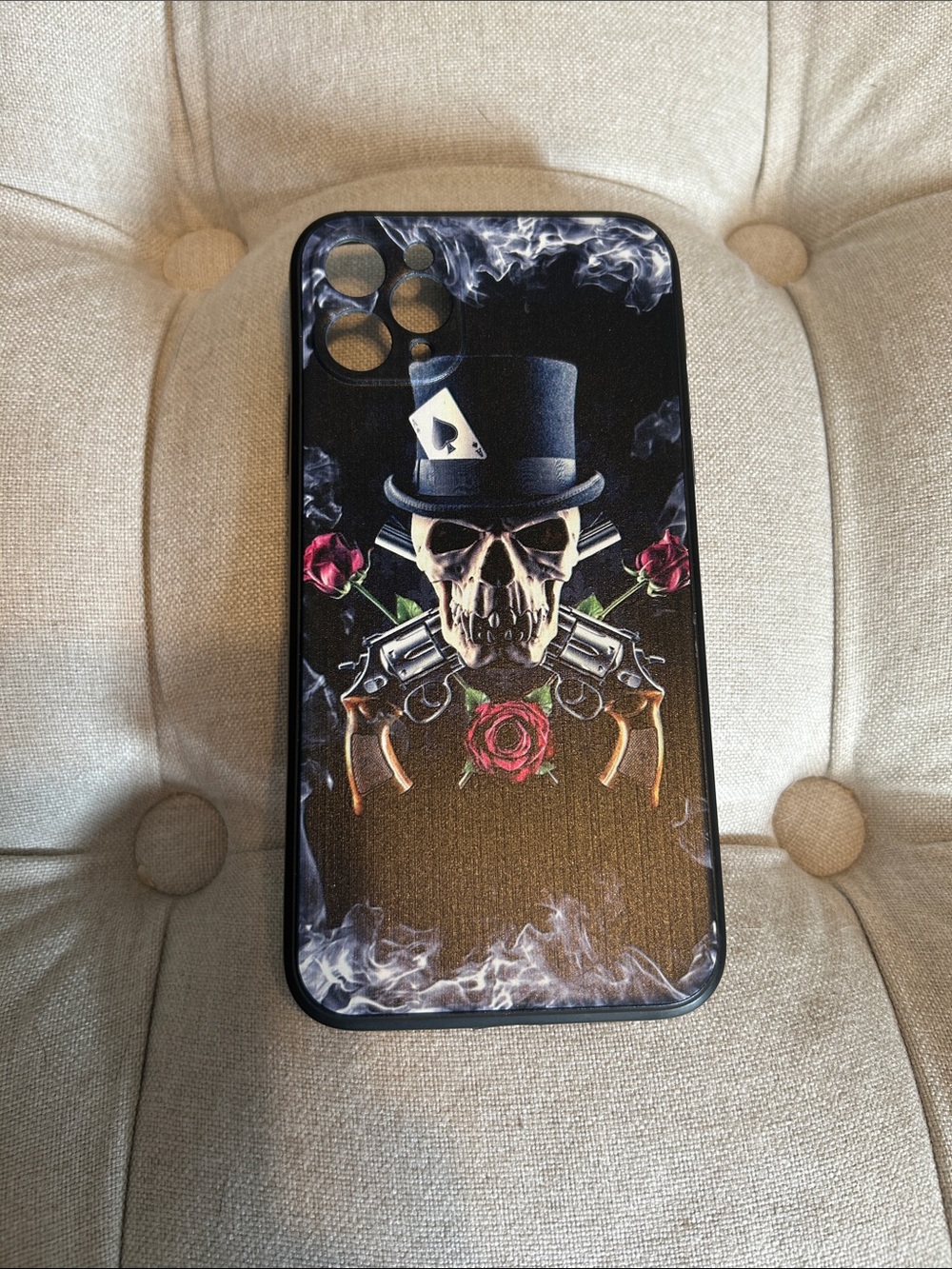 Skull & Guns Black Phone Case with Red Rose Design